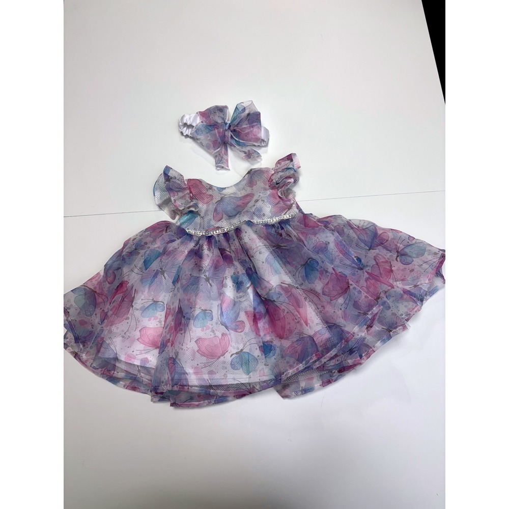 Baby Girls Butterfly Print Party Dress with Headband Purple Blue BBSJH72